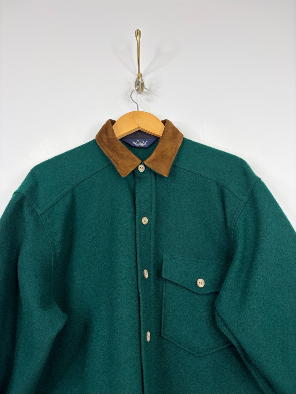 Woolrich Overshirt Mens XL Dark Green Wool Flannel Long Sleeve Elbow Patches - Picture 3 of 11